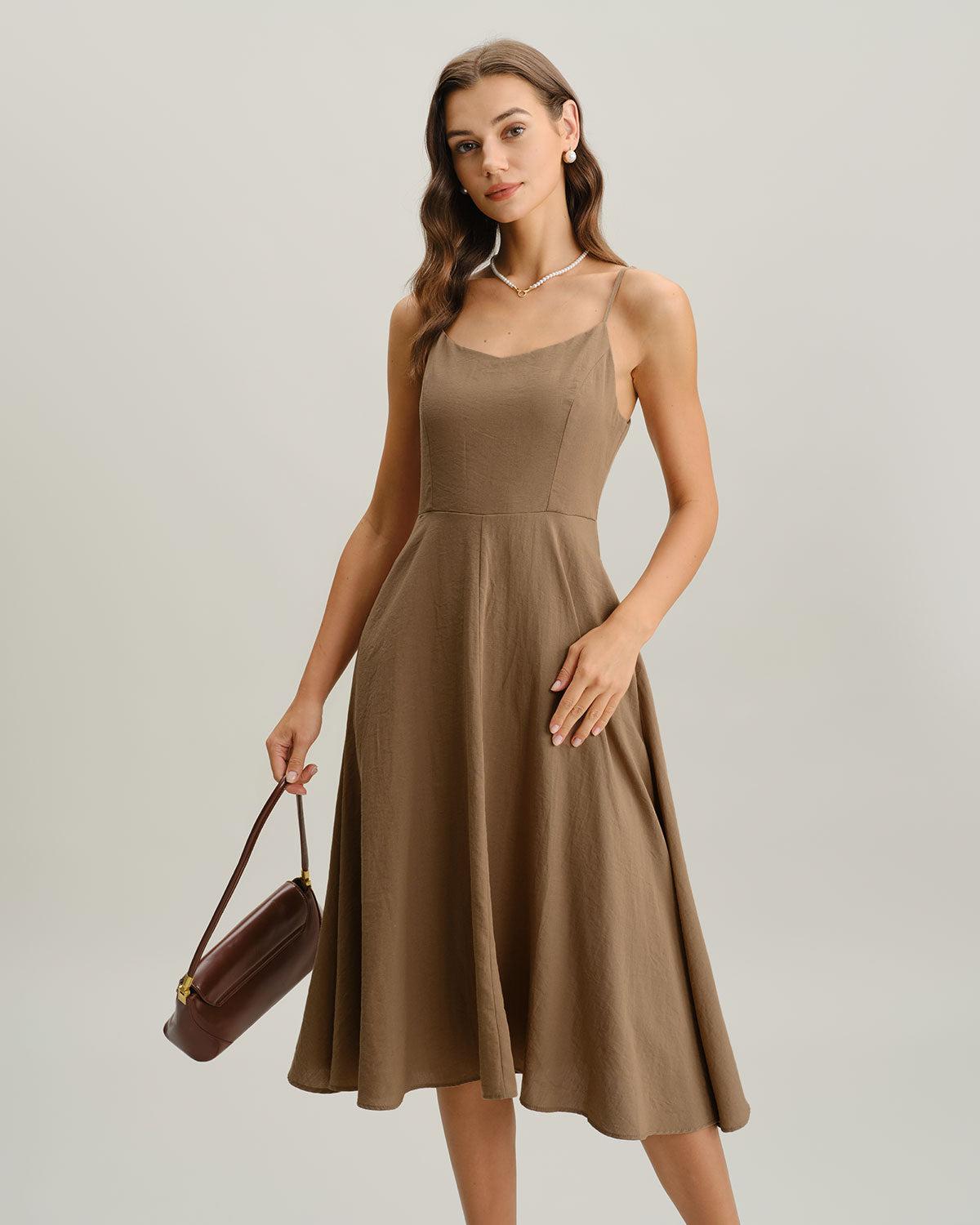 Khaki A-Line Pleated Slip Midi Dress Product Image