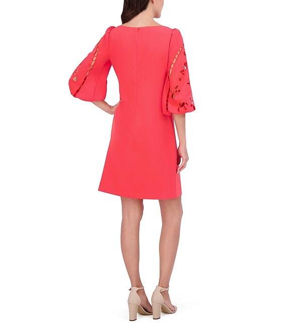 Vince Camuto Boat Neck 3/4 Laser-Cut Puff Sleeve Stretch Crepe Sheath Dress Product Image
