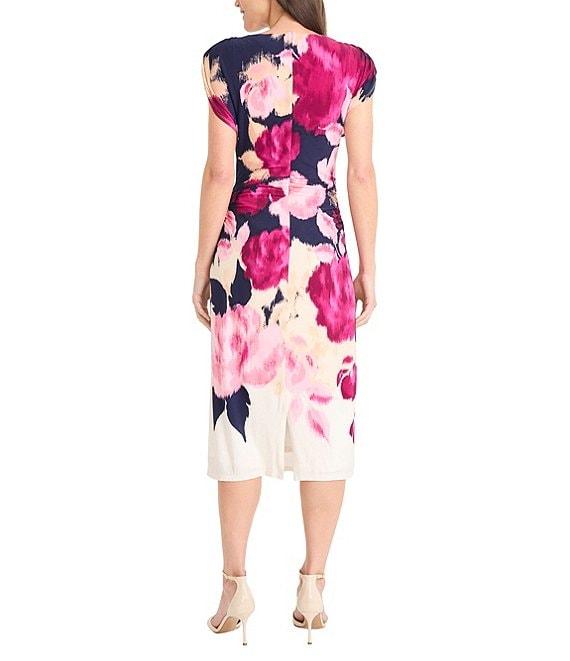 Maggy London ITY Floral Crew Neck Cap Sleeve Side Ruched Sheath Midi Dress Product Image