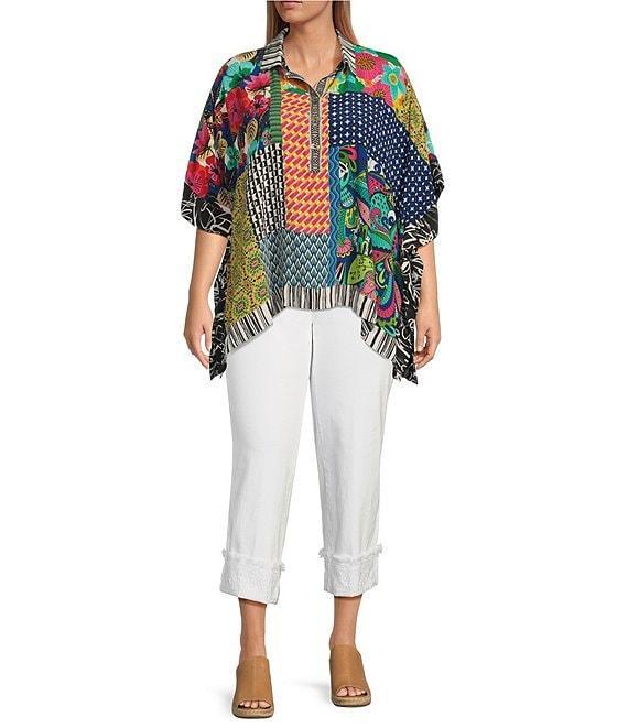 John Mark Plus Size Woven Multi Patch Print Collared Short Sleeve Tunic Product Image
