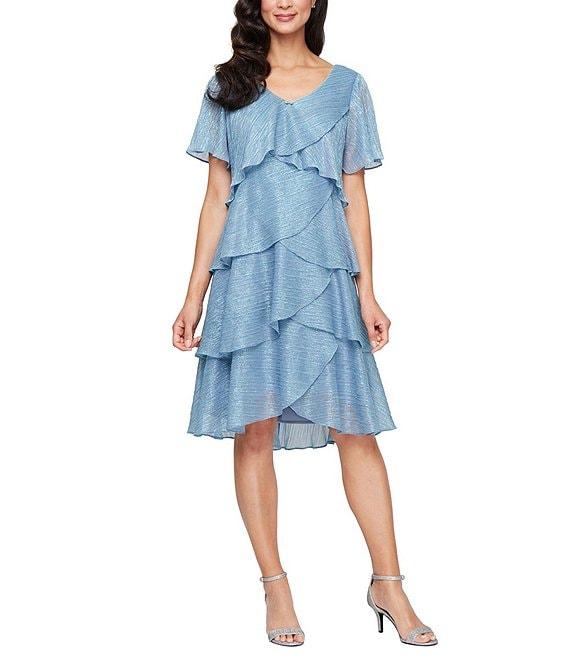 Ignite Evenings Shimmer Tiered Ruffle V-Neck Embellishment Short Flutter Sleeve Shift Dress Product Image