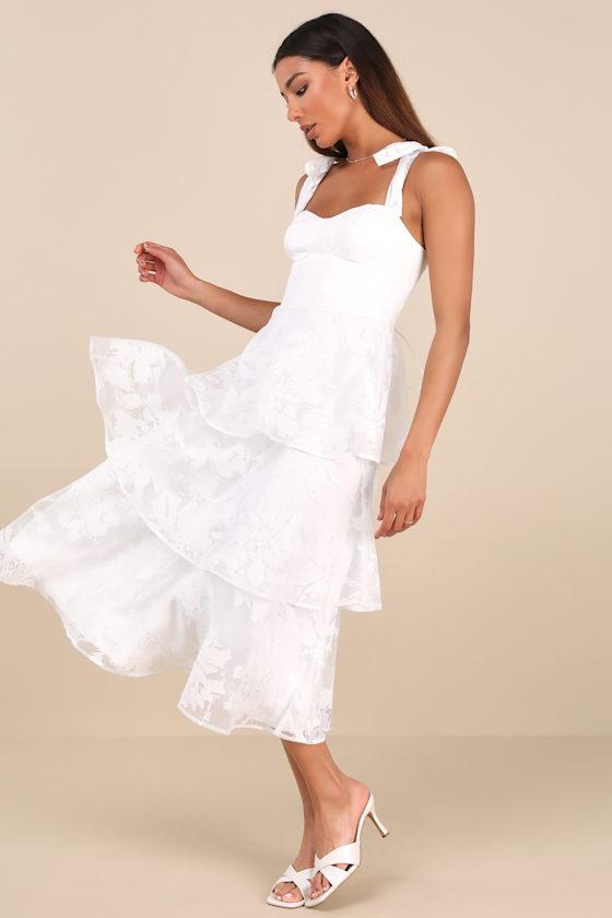 Drayson White Floral Burnout Tie-Strap Tiered Midi Dress Product Image