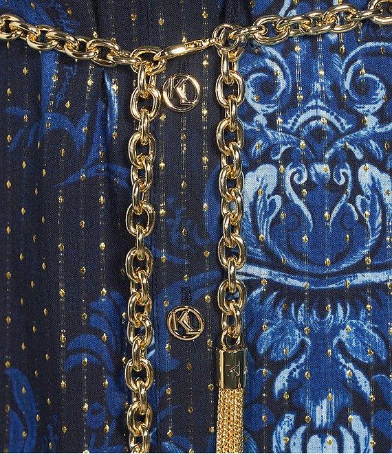 KARL LAGERFELD PARIS Printed Lurex V-Neck 3/4 Sleeve Button Down Belted Dress Product Image