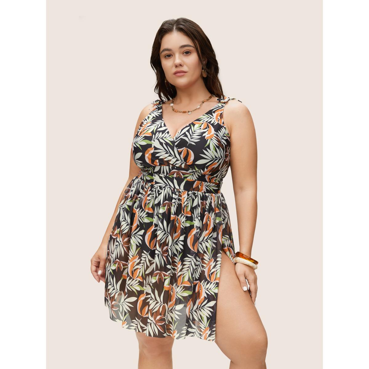 Plus Size Tropical Print Gathered Split Hem Swim Dress Women's Swimwear Black Beach Bodycon V-neck High stretch Curve Swim Dresses BloomChic 14-16/1X Product Image