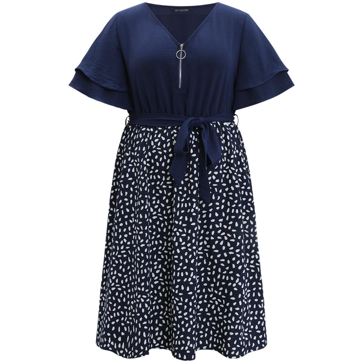 Plus Size Water Drop Print Patchwork Ruffle Zipper Belted Dress Navy Women Office Plain V-neck Short sleeve Curvy Midi Dress BloomChic 22-24/3X Product Image