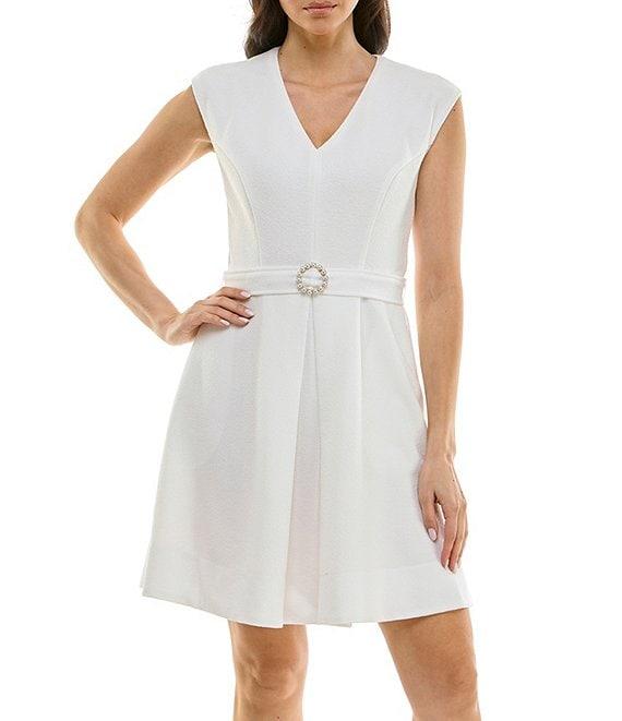 Moda Tara Cap Sleeve V-Neck Pearl Trim Belted Fit and Flare Mini Dress Product Image