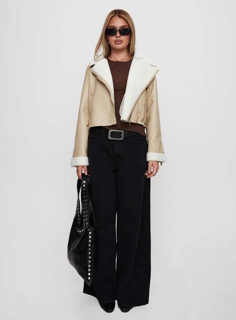 Shearling Trim Faux Leather Jacket Beige Product Image