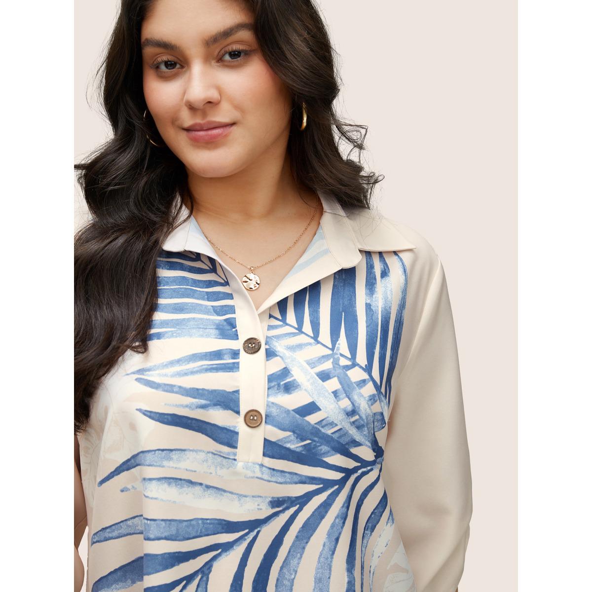 Plus Size Beige Tropical Print Button Up Tab Sleeve Blouse Women Casual Elbow-length sleeve Shirt collar Everyday Blouses BloomChic 22-24/3X Product Image