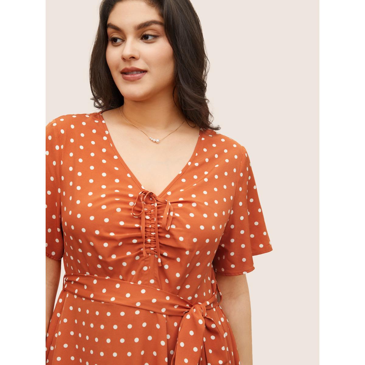 Plus Size Polka Dot Drawstring Belted Ruffle Sleeve Dress OrangeRed Women Elegant Non V-neck Short sleeve Curvy Midi Dress BloomChic 14-16/1X Product Image