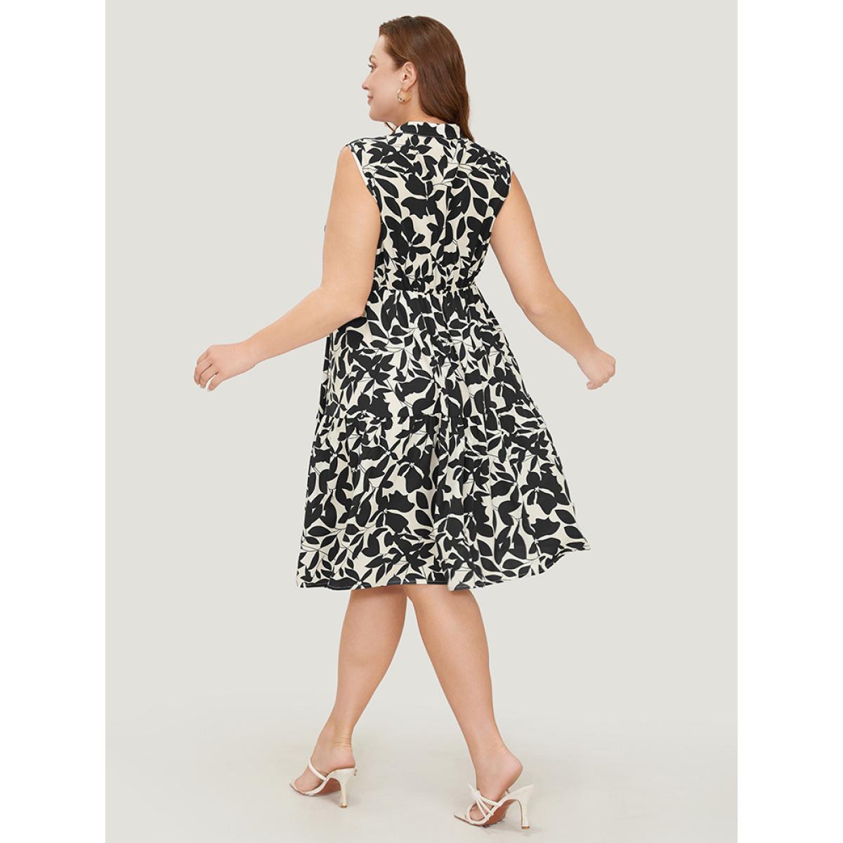 Plus Size Floral Ptrint Pocket Ruffle Tiered Stand Collar Tank Dress Black Women Elegant Tiered Stand-up collar Sleeveless Curvy Knee Dress BloomChic 28/5X Product Image