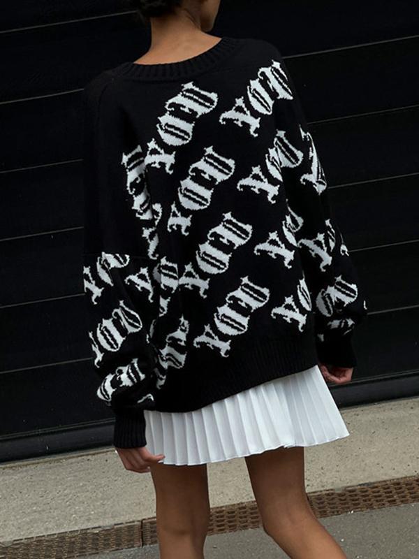 Street Irregular Jacquard Crew Neck Sweater Product Image