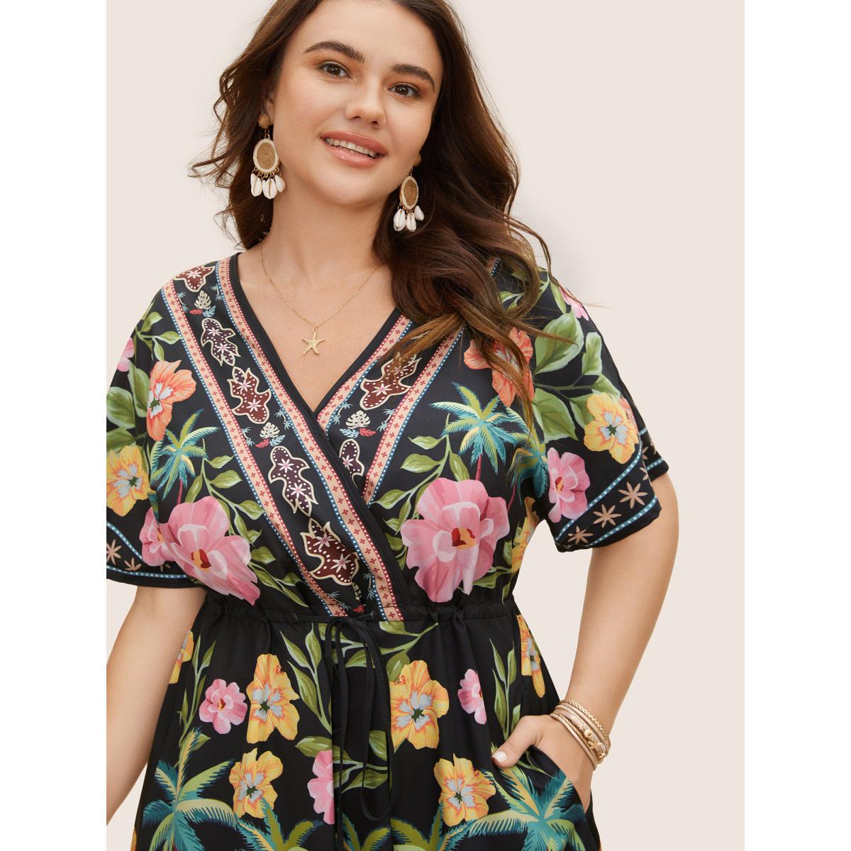 Plus Size Boho Print Overlap Collar Drawstring Dress Black Women Resort Drawstring Overlap Collar Short sleeve Curvy BloomChic 14-16/1X Product Image