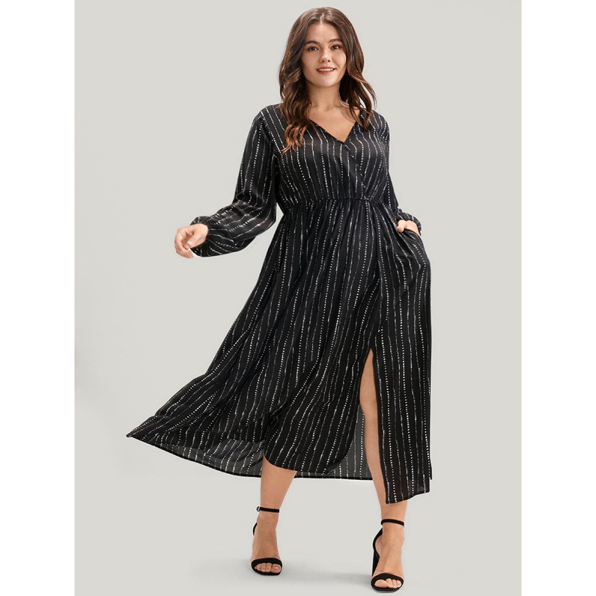 Plus Size Striped Lantern Sleeve Pocket Split Wrap Midi Dress Black Women Elegant Pocket V-neck Long Sleeve Curvy Midi Dress BloomChic 10/M Product Image