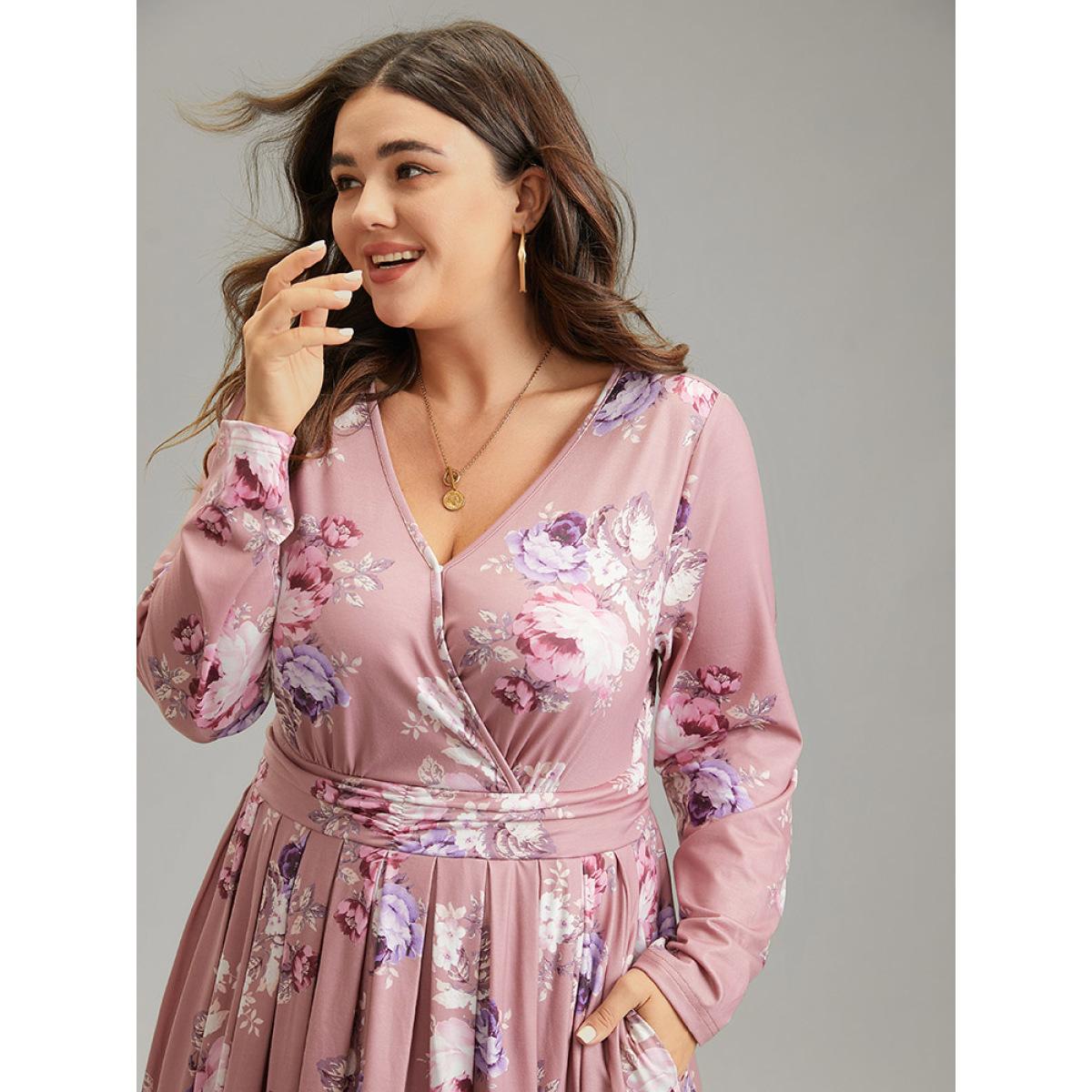 Plus Size Floral Wrap Pleated Elastic Waist Ruched Dress DustyPink Women Casual Wrap Overlap Collar Long Sleeve Curvy Midi Dress BloomChic 10/M Product Image
