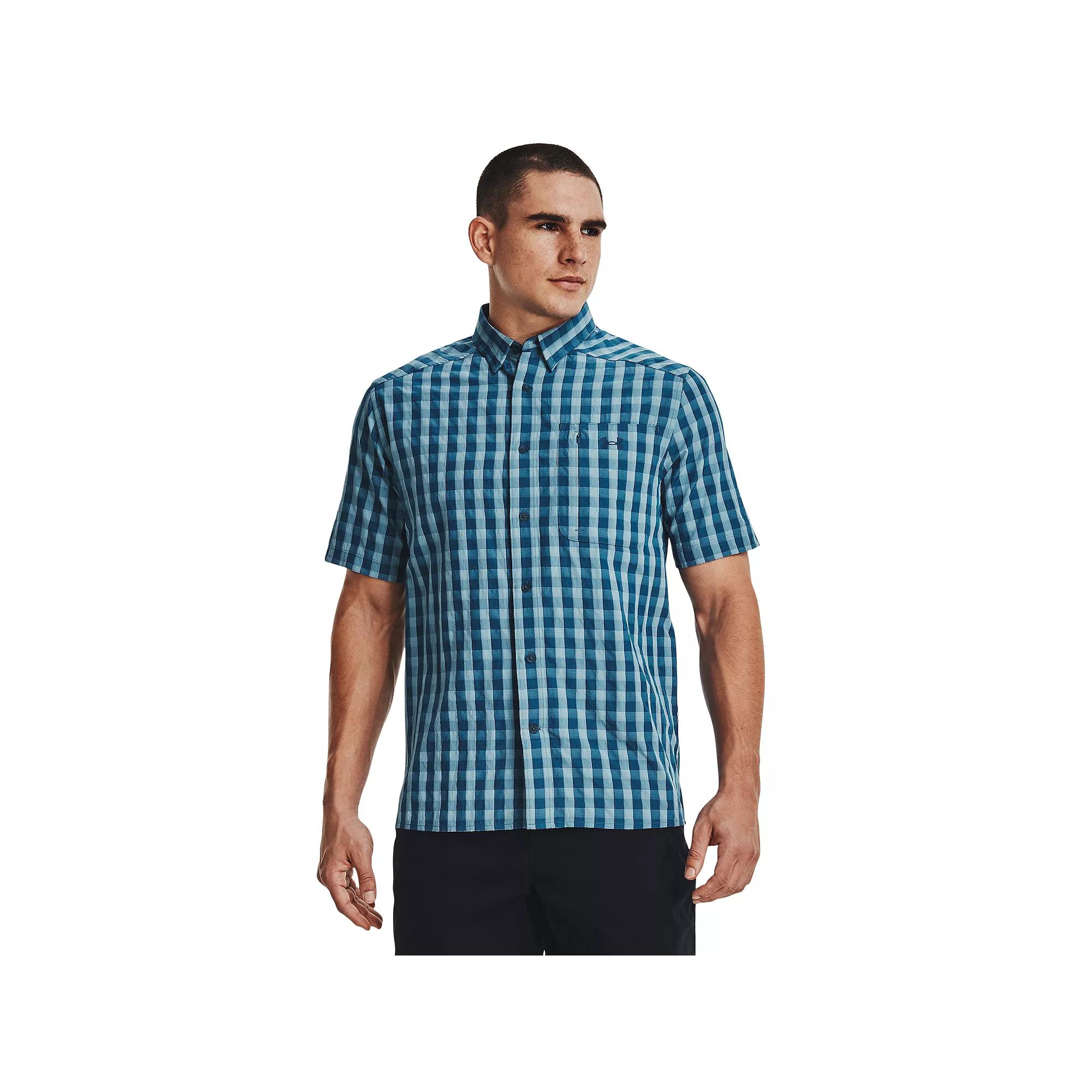 Men's Under Armour UPF 30 Drift Tide 2.0 Plaid Performance Short Sleeve Button-Down Shirt, Size: Small, Deep Product Image
