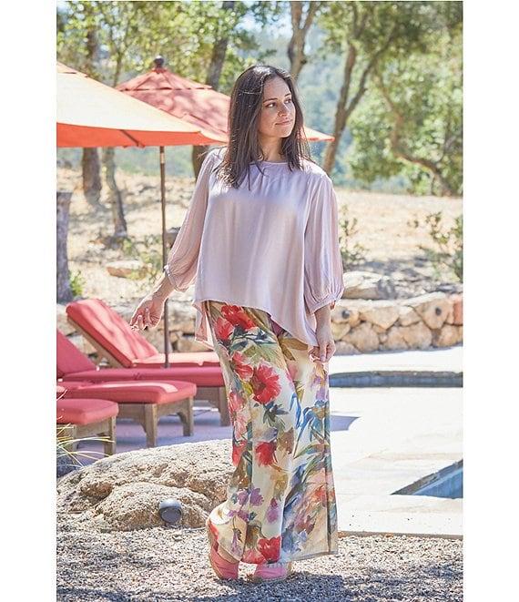 Bryn Walker Lucinda Satin Viscose Round Neck 3/4 Sleeve High-Low Shirt Product Image