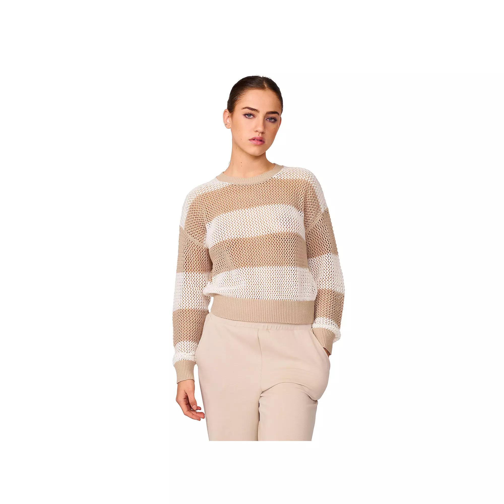 Women's Grey & Gray Open-Stitch Crewneck Sweater, Size: Large, Feather Gray Stripe Product Image