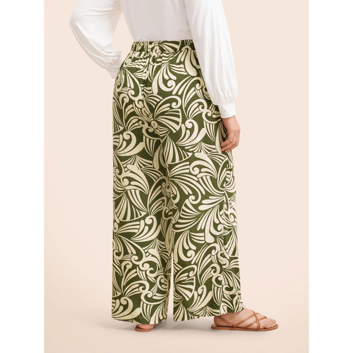 Plus Size Tropical Print Wide Leg Mid Rise Pants Women Moss Casual Wide Leg Mid Rise Everyday Pants BloomChic 28/5X Product Image