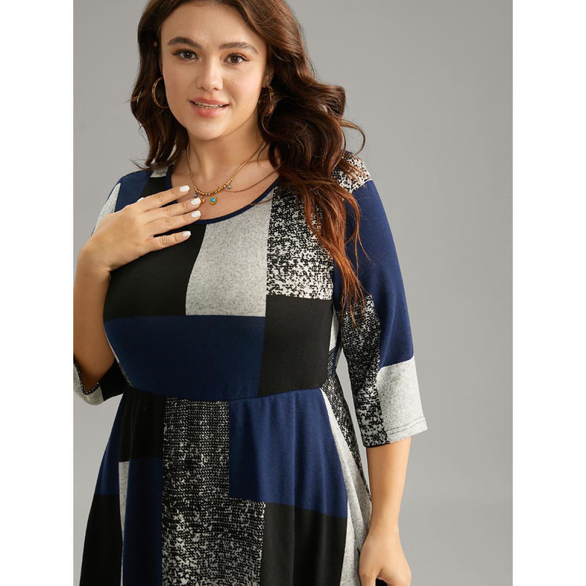 Plus Size Colorblock Contrast Round Neck Elastic Waist Dress Multicolor Women Casual Printed Round Neck Elbow-length sleeve Curvy Midi Dress BloomChic 10/M Product Image