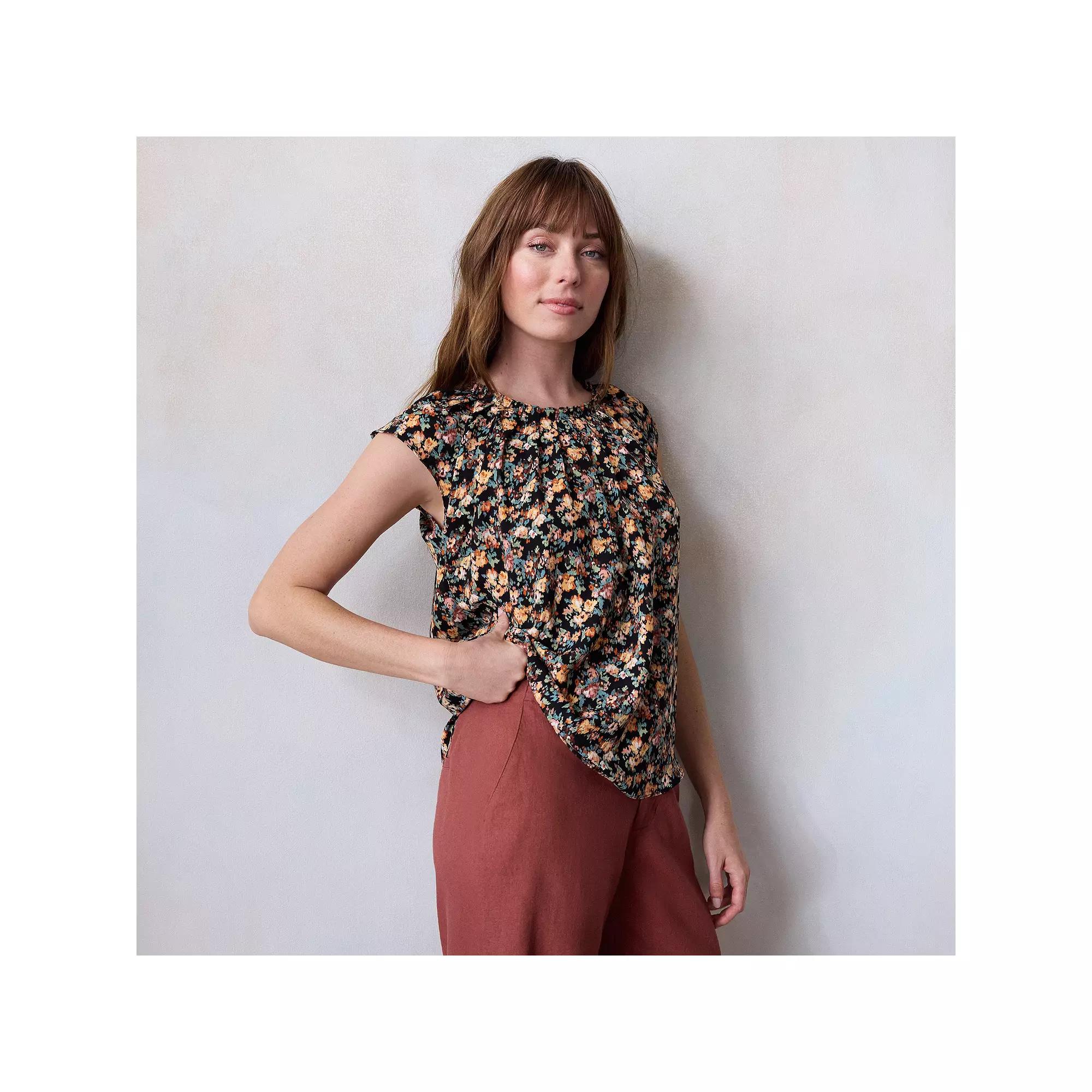 Women's LC Lauren Conrad Pleated Scoopneck Top, Size: Small, Black Fleurie Brush Product Image