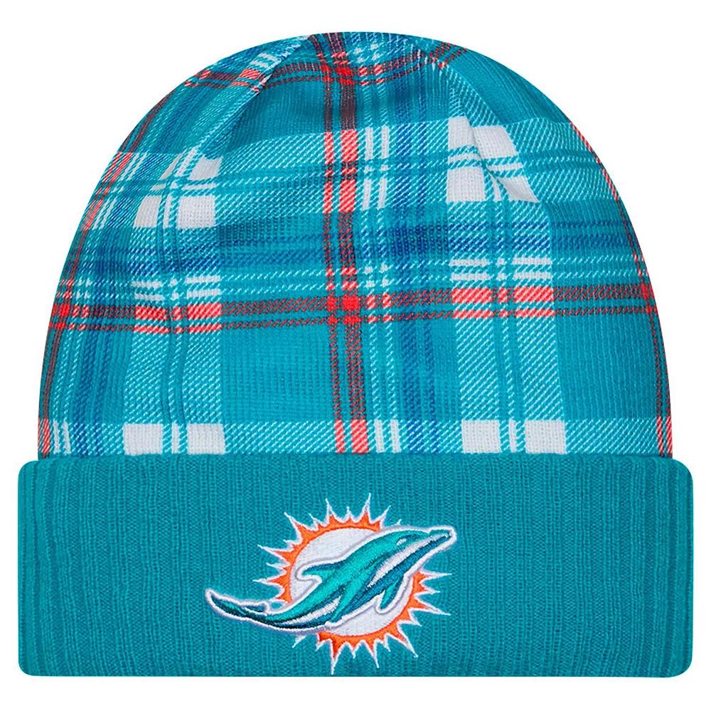 Men's New Era  Aqua Miami Dolphins Sideline Statement Cuffed Knit Hat, Turquoise A Product Image