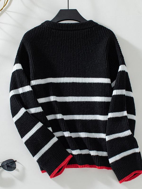 Long Sleeves Loose Contrast Color Split-Joint Striped Round-Neck Pullovers Sweater Tops Product Image