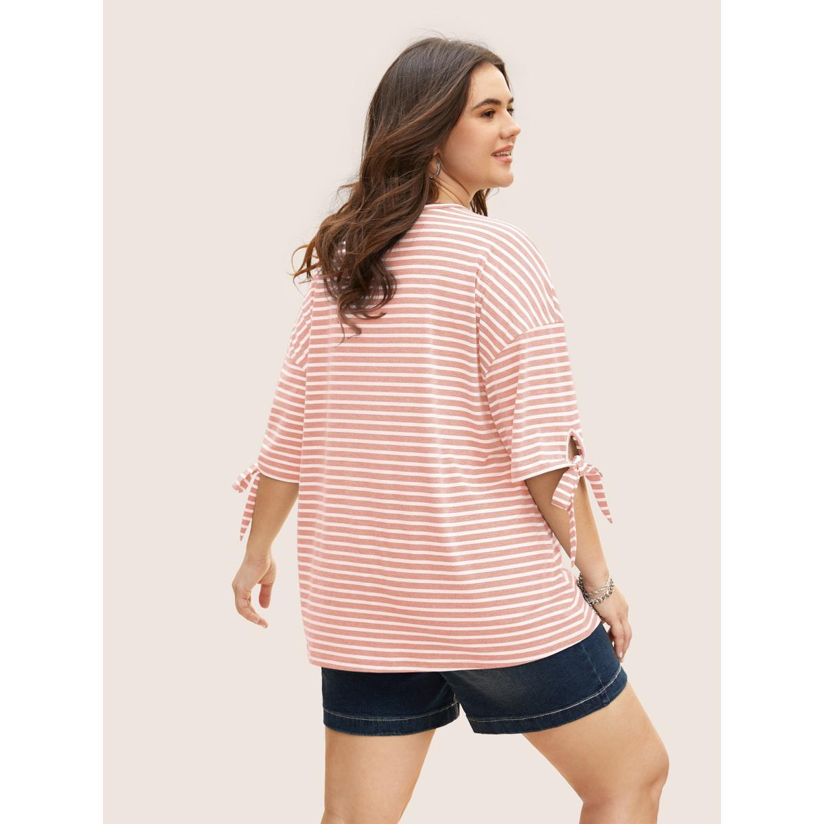 Plus Size Striped Boat Neck Tie Knot T-shirt Nudepink Women Casual Tie knot Boat Neck Everyday T-shirts BloomChic 28/5X Product Image