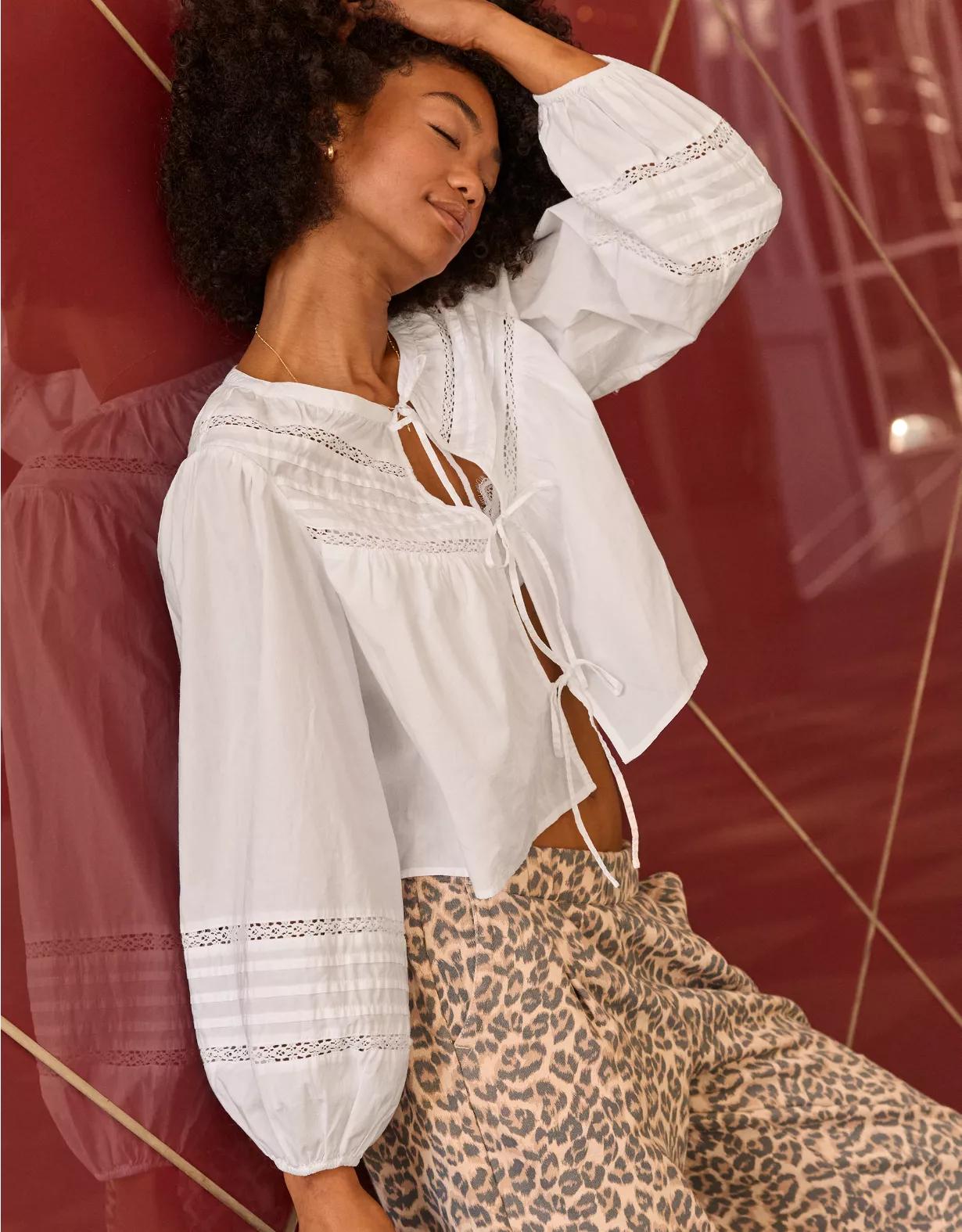 Aerie Long Sleeve Tie Front Top Product Image