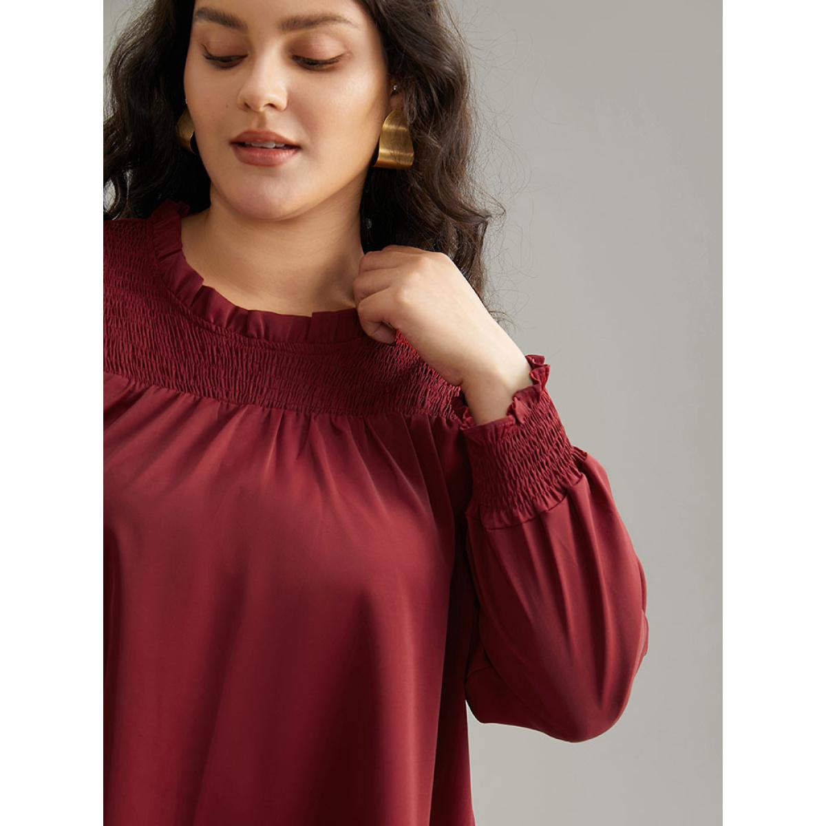 Plus Size Scarlet Static-Free Solid Shirred Frill Trim Blouse Women Office Long Sleeve Round Neck Office Blouses BloomChic 14-16/1X Product Image