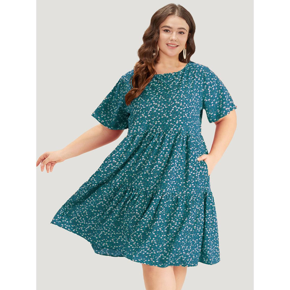 Plus Size Ditsy Floral Pocket Layered Patchwork Crew Neck Dress Teal Women Elegant Printed Round Neck Short sleeve Curvy Midi Dress BloomChic 26/4X Product Image