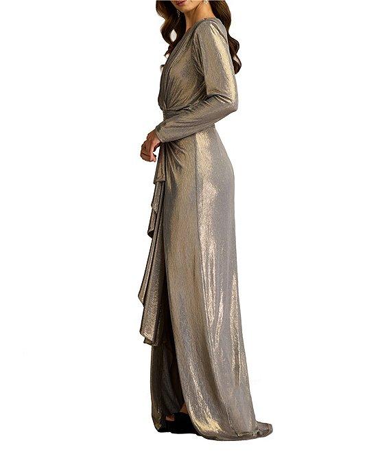 Tadashi Shoji V Neck Long Sleeve Metallic Jersey Ruffle Front Blouson Gown Product Image