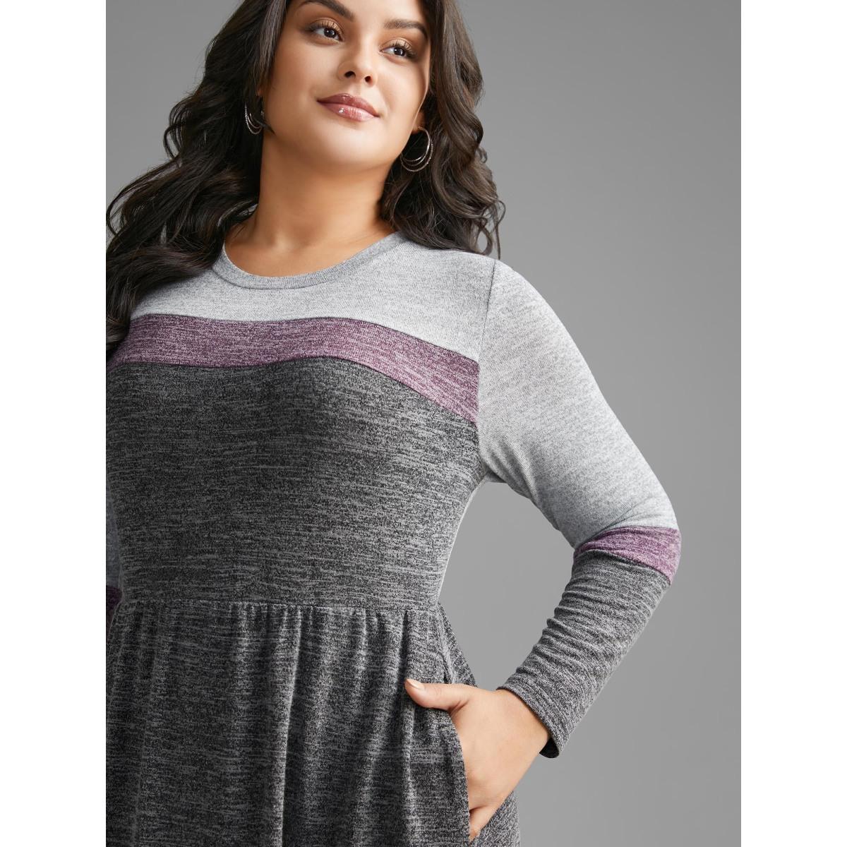 Plus Size Contrast Patchwork Elastic Waist Knit Dress DimGray Women Casual Contrast Knit Dresses Bloomchic 26/4X Product Image