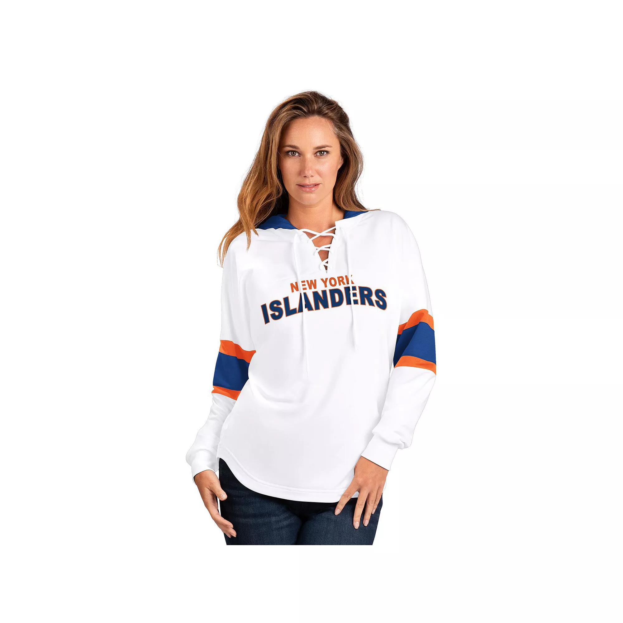 Women's G-III 4Her by Carl Banks White New York Islanders Goal Zone Long Sleeve Lace-Up Hoodie T-Shirt,  Product Image