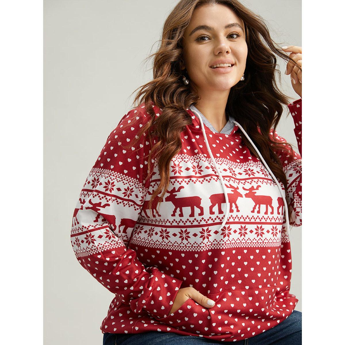 Plus Size Christmas Elk Contrast Kangaroo Pocket Hooded Sweatshirt Women Red Casual Printed Hooded Festival-Halloween Sweatshirts BloomChic 10/M Product Image