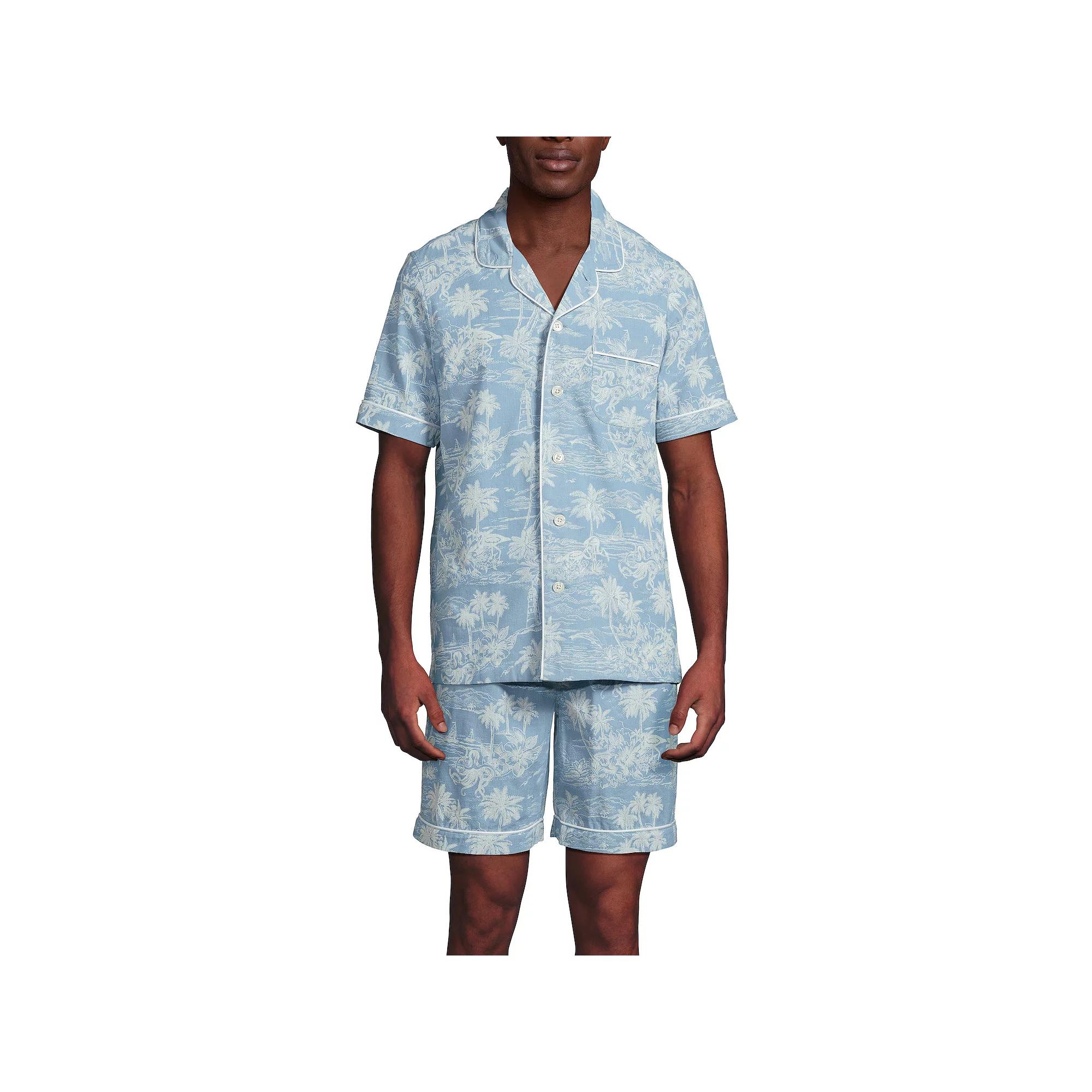 Men's Lands' End Essential Short Sleeve Top & Shorts Pajama Set, Size: Large, Egret White Stripe Product Image