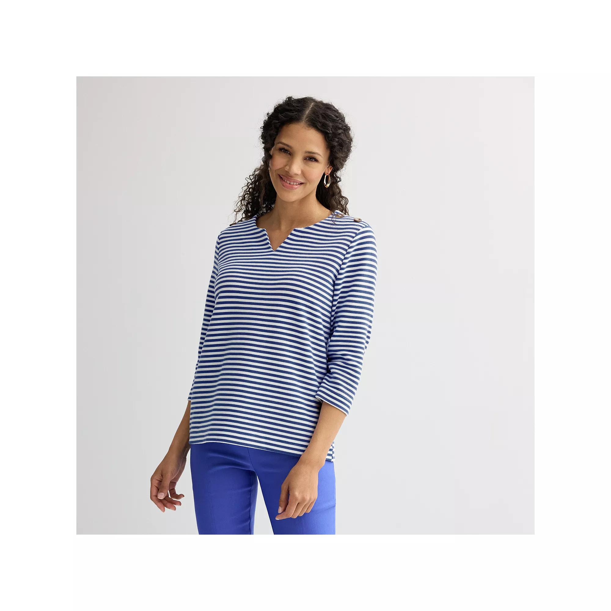 Women's Croft & Barrow® Button Shoulder Split Neck Top, Size: Large, Blue Stripe Product Image