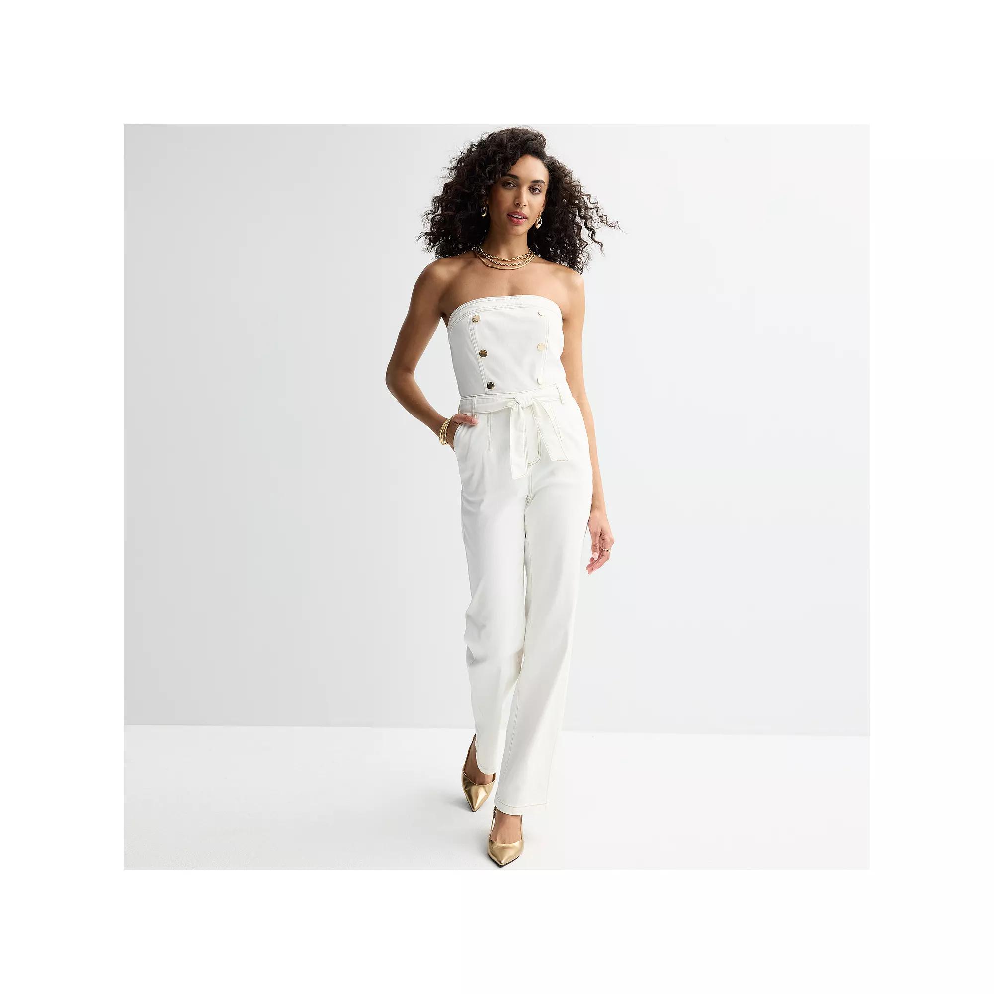 Women's bebe Straight Leg Strapless Denim Jumpsuit, Size: XL, White Product Image