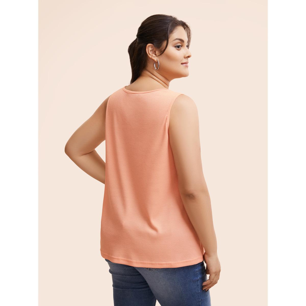 Plus Size Solid Button Detail Waffle Knit Tank Top Women Coral Casual Button Round Neck Everyday Tank Tops Camis BloomChic 12/L Product Image