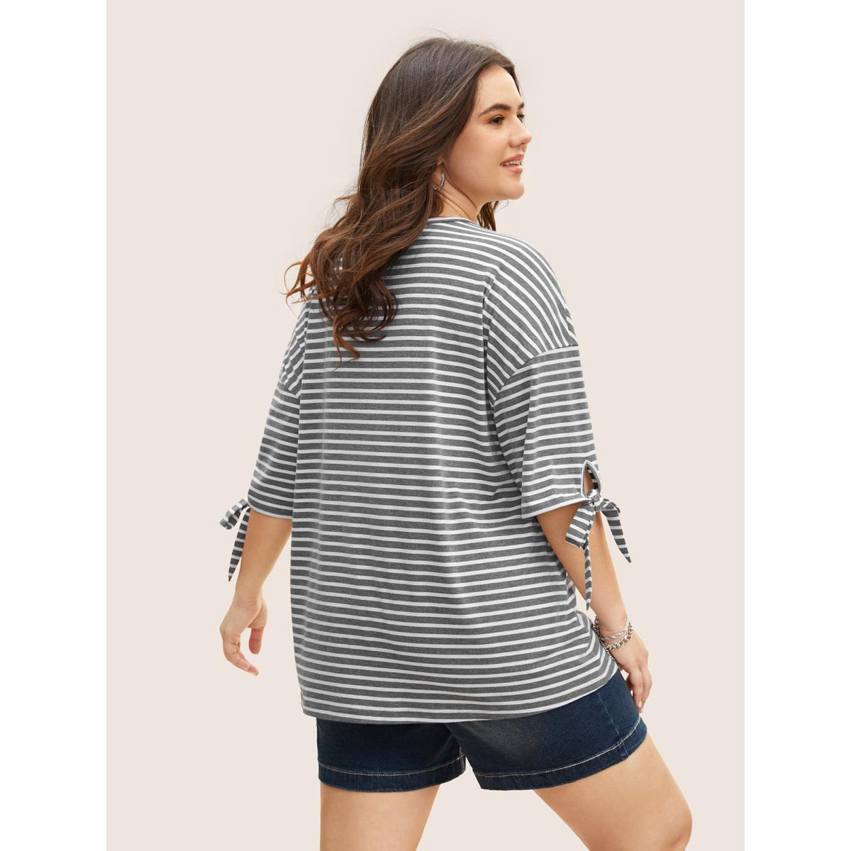Plus Size Striped Boat Neck Tie Knot T-shirt DimGray Women Leisure Tie knot Boat Neck Casual T-shirts BloomChic 14-16/1X Product Image