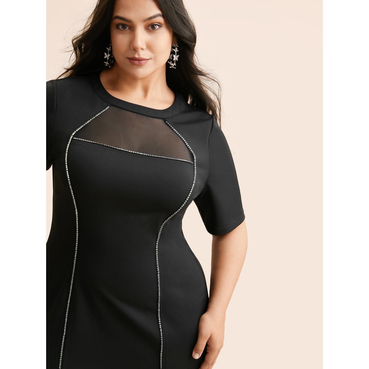 Plus Size Crew Neck Rhinestone Patchwork Mesh Dress Black Women Cocktail Rhinestone detailing Party Curvy Bloomchic 22-24/3X Product Image