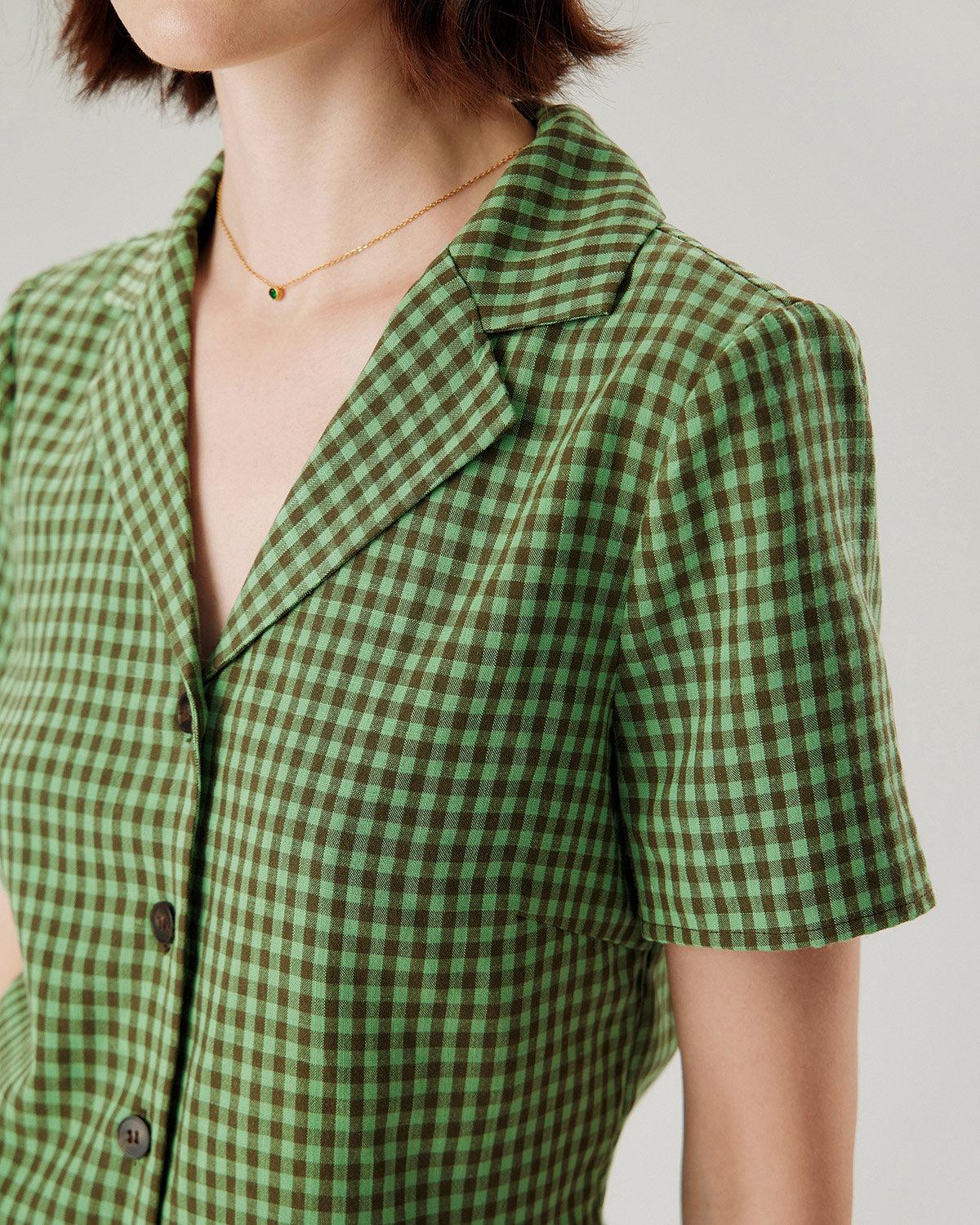 Green Lapel Plaid Short Sleeve Blouse Product Image
