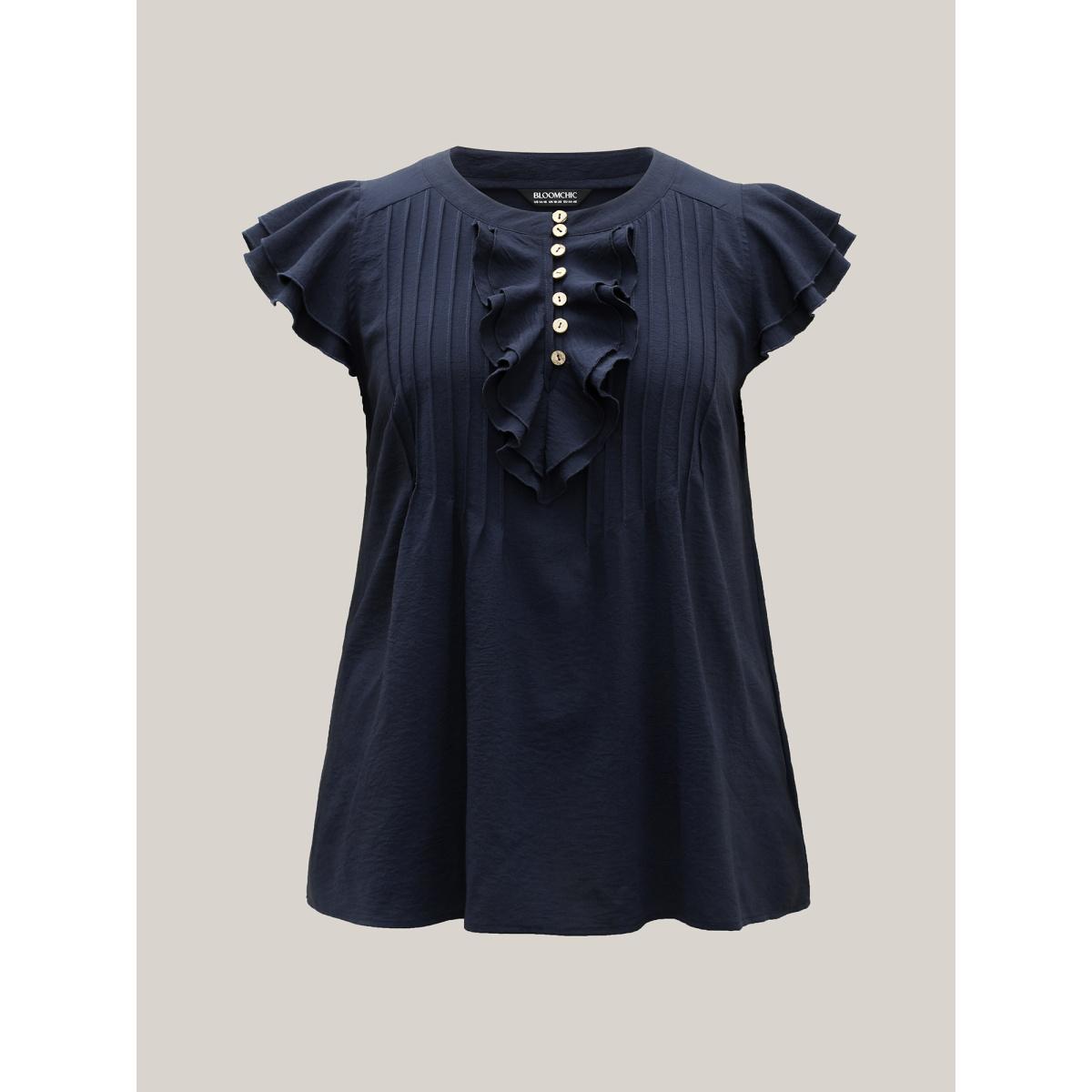 Plus Size Midnight Solid Ruffle Trim Toothpick Pleat Blouse Women Boho Cap Sleeve Round Neck Vacation Blouses BloomChic 12/L Product Image