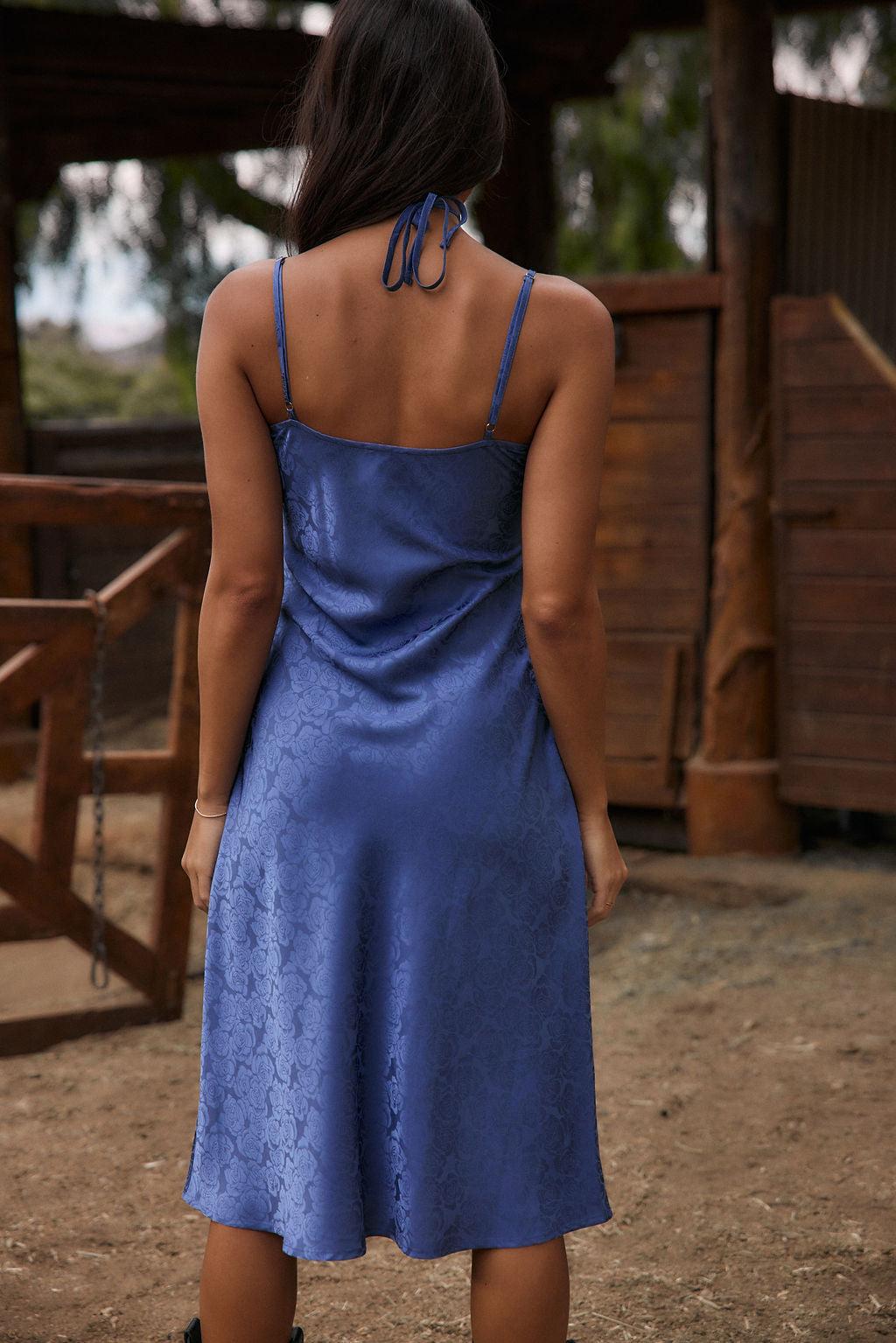 Aubrey Blue Satin Jacquard Midi Dress Product Image