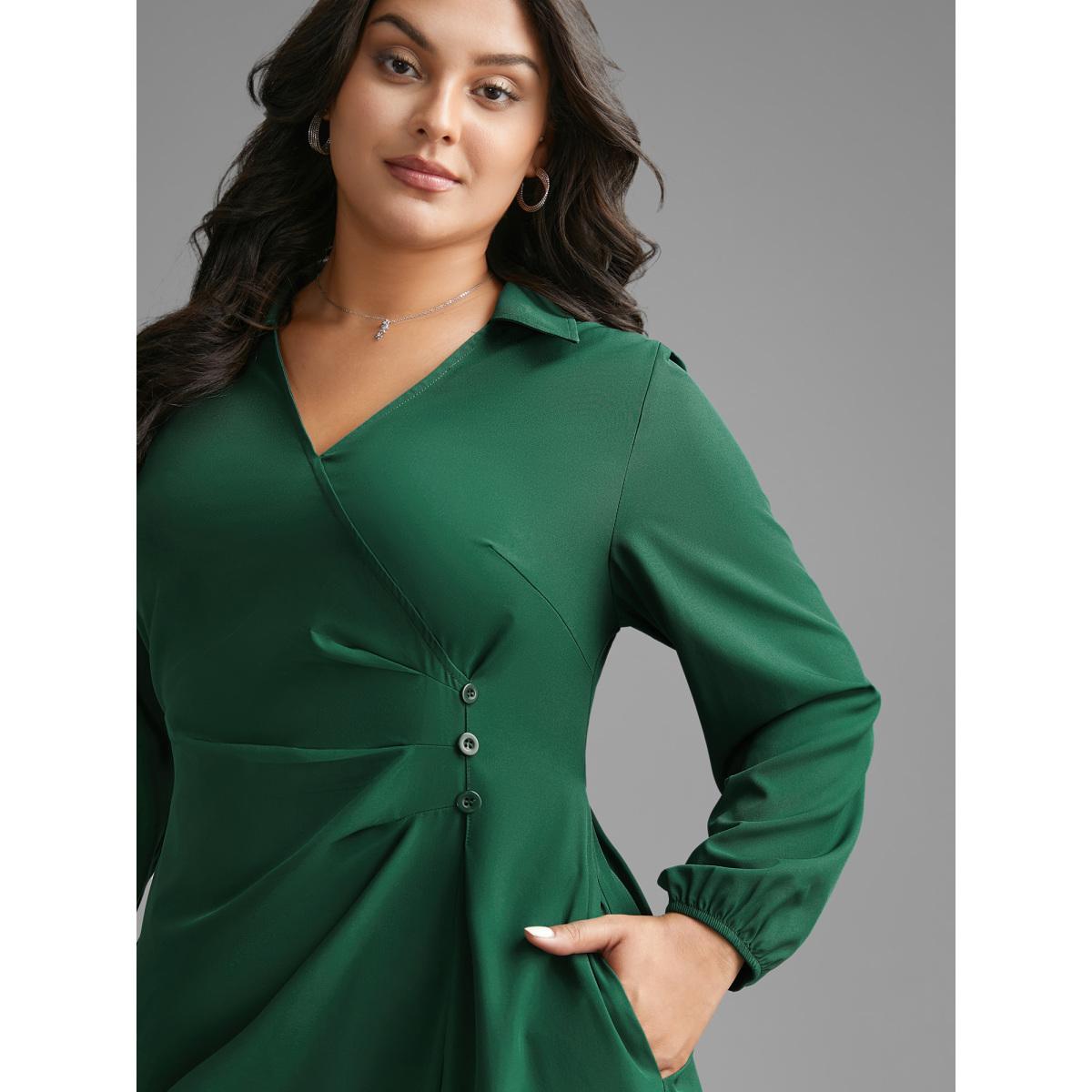 Plus Size Shirt Collar Pleated Button Detail Dress ArmyGreen Women At the Office Pleated Shirt collar Long Sleeve Curvy BloomChic 14-16/1X Product Image