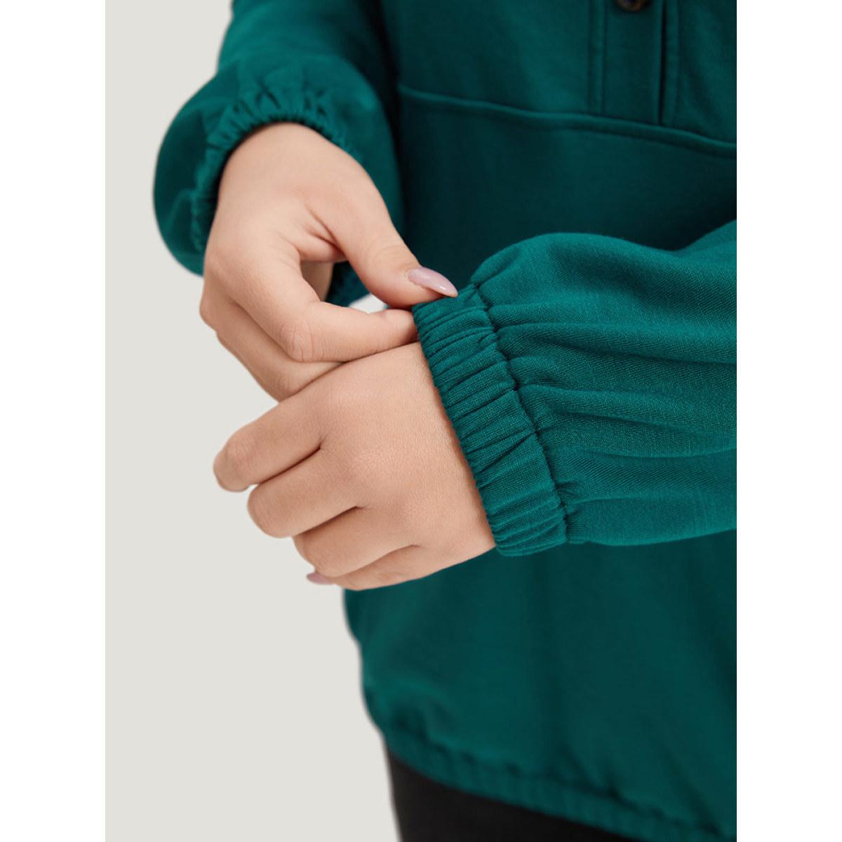 Plus Size Plain Button Up Pocket Hooded Raglan Sleeve Sweatshirt Women Cyan Casual Elastic cuffs Hooded Dailywear Sweatshirts BloomChic 10/M Product Image