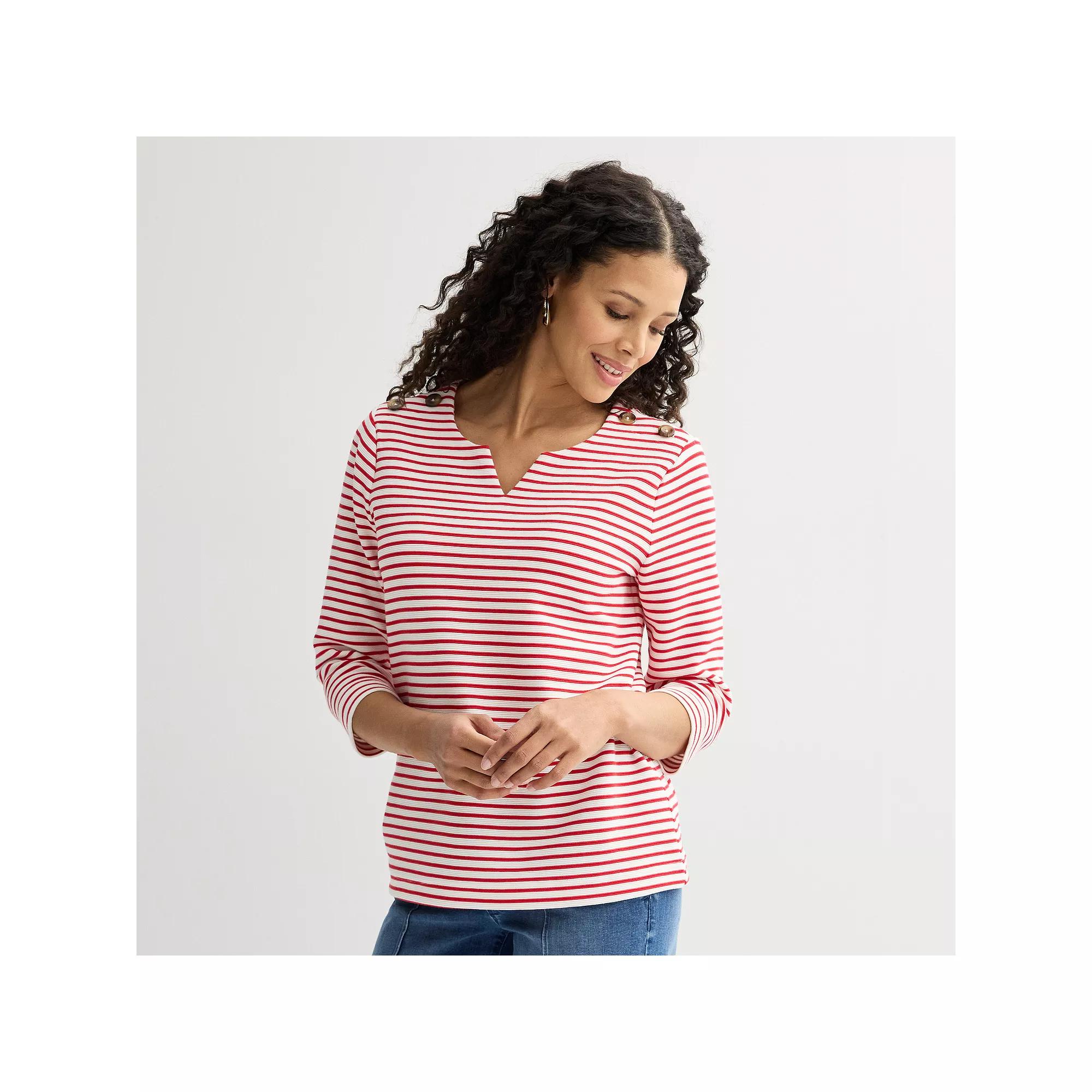 Women's Croft & Barrow® Button Shoulder Split Neck Top, Size: Medium, Red Stripe Product Image