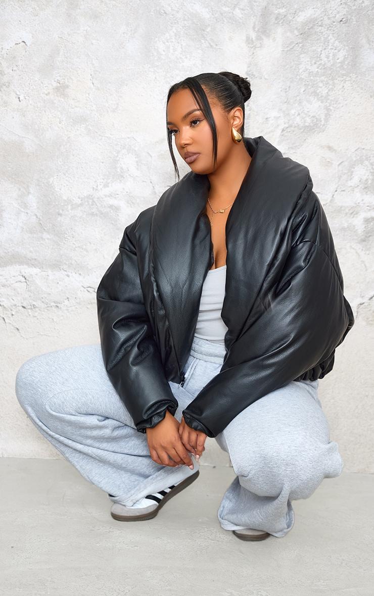 Plus Deep Black Exaggerated Collar PU Cropped Puffer Coat Product Image
