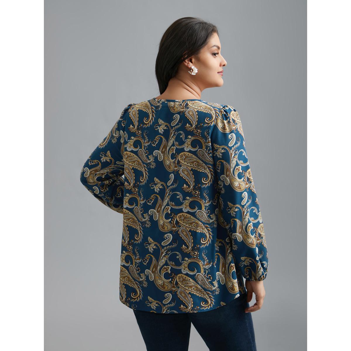 Plus Size Aegean Round Neck Paisley Cut Out Blouse Women Elegant Extra Long Sleeve Round Neck Everyday Blouses BloomChic 10/M Product Image