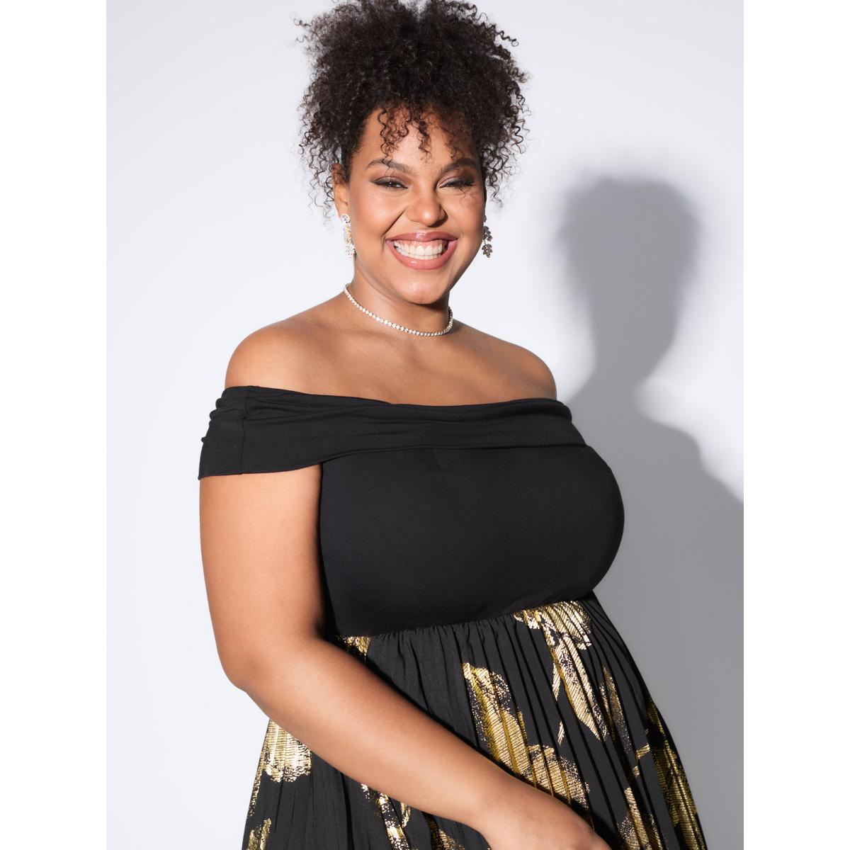 Plus Size Leaf Print Pleated Off-Shoulder Midi Dress Black Women Formal Non Long Sleeve Curvy BloomChic 22-24/3X Product Image