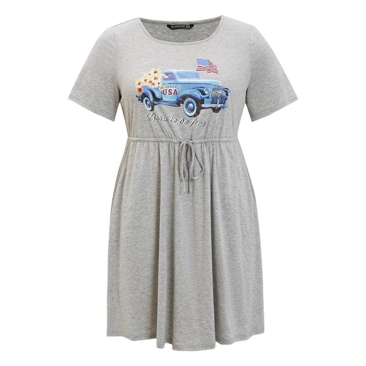 Plus Size Car Print Drawstring Pocket Flutter Graphic Dress LightGray Women Casual Drawstring Curvy Knee Dress BloomChic 10/M Product Image